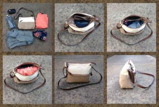  It all fits! I can fit a packable rain coat, a sweater, a scarf, my collapsible water bottle, a smart phone, and a wallet into the bag.  I usually put the water bottle in first, as it is bulky and inflexible.  This is followed by the jacket and sweater.  The wallet and smart phone go into the inner pocket for extra security.  The bag maintains a compact appearance which means it won't be challenged by security.