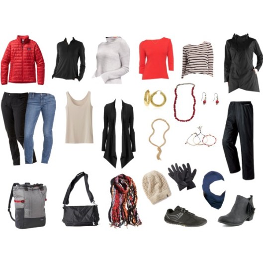 Here are that clothing items that I took, minus silk long underwear, socks, and undies. I wore the jeans, stripe top, ankle boots, and rain jacket on the plane.